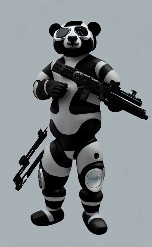 Image similar to cyborg panda wearing goggles equipped with a futuristic rifle, full body shot, artstation, detailed, technology, sci - fi