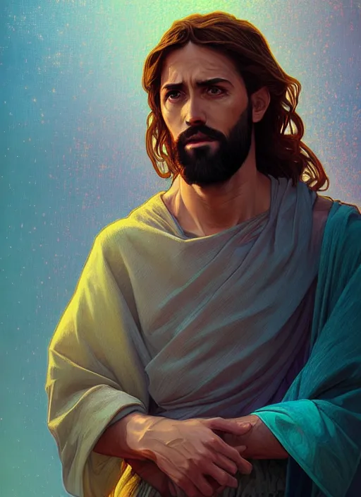 Image similar to handsome jesus, half body shot, path traced, highly detailed, high quality, digital painting, alena aenami, lilia alvarado, shinji aramaki, karol bak, alphonse mucha, tom bagshaw