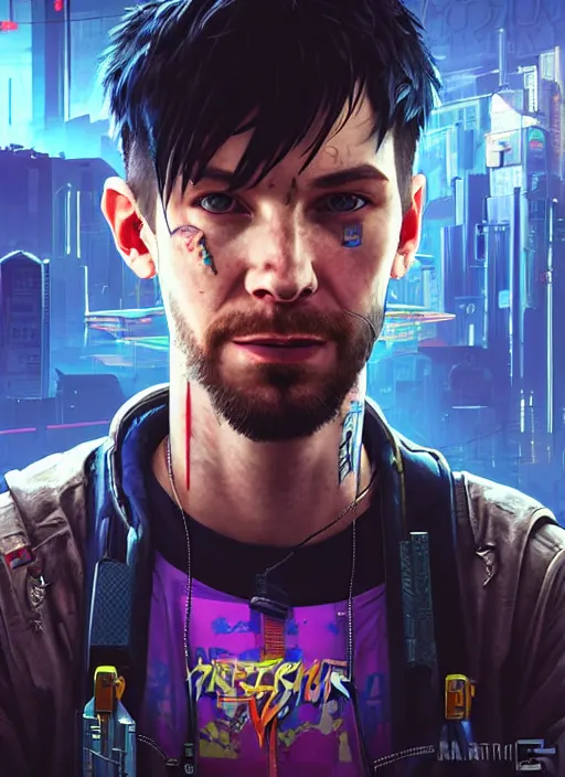 Image similar to portrait of DanTDM as a homeless character in Cyberpunk 2077, looking at camera, intricate, dystopian, sci-fi, extremely detailed, digital painting, artstation, concept art, smooth, sharp focus, illustration, intimidating lighting, incredible art by artgerm and greg rutkowski and alphonse mucha and simon stalenhag