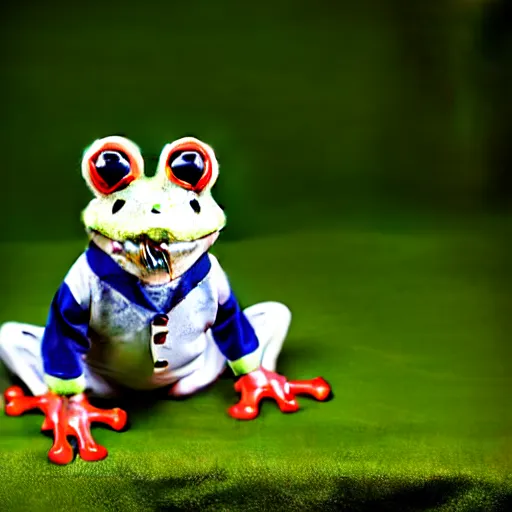 Image similar to cute frog wearing a sailor suit, studio photography,