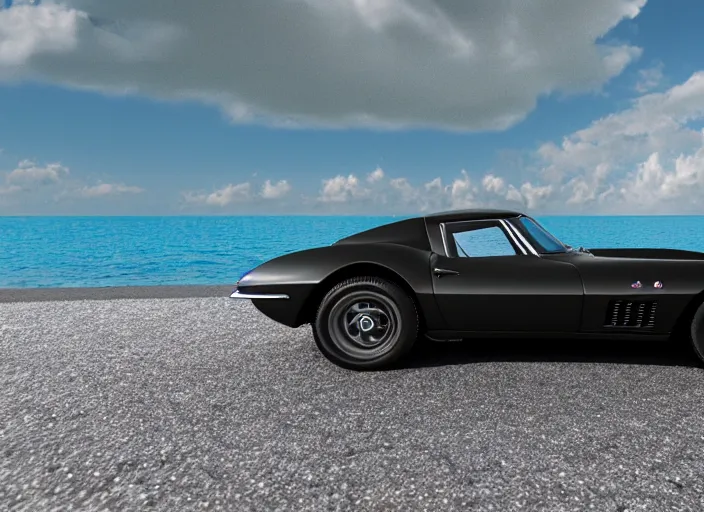 Image similar to hyperrealism, detailed textures, photorealistic 3 d render, a dreamy beach in cuba, a 1 9 6 4 split window corvette obsidian black, sharp focus, ultra realistic, ultra high pixel detail, cinematic, intricate, cinematic light, concept art, illustration, art station, unreal engine 8 k