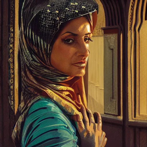 Image similar to detailed face of an arabic woman, opulent courtyard, moment, tectonic sky, skydome, reactor, utopian, tech noir, wet reflections, prism, atmospheric, ambient, pj crook, syd mead, livia prima, artgerm, greg rutkowski, nick alm, casey baugh