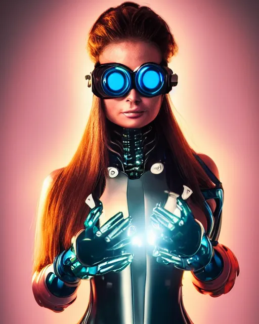 Prompt: centered portrait of flirtatious young carmen electra as a solarpunk mecha humanoid robotic parts wearing goggles with bright cyan lights, real human face, pudica pose by bouguereau, inside white room, ultra - realistic and detailed, soft portrait shot 8 k