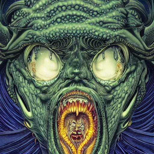 Prompt: portrait of crazy cthulhu, symmetrical, by yoichi hatakenaka, masamune shirow, josan gonzales and dan mumford, ayami kojima, takato yamamoto, barclay shaw, karol bak, yukito kishiro