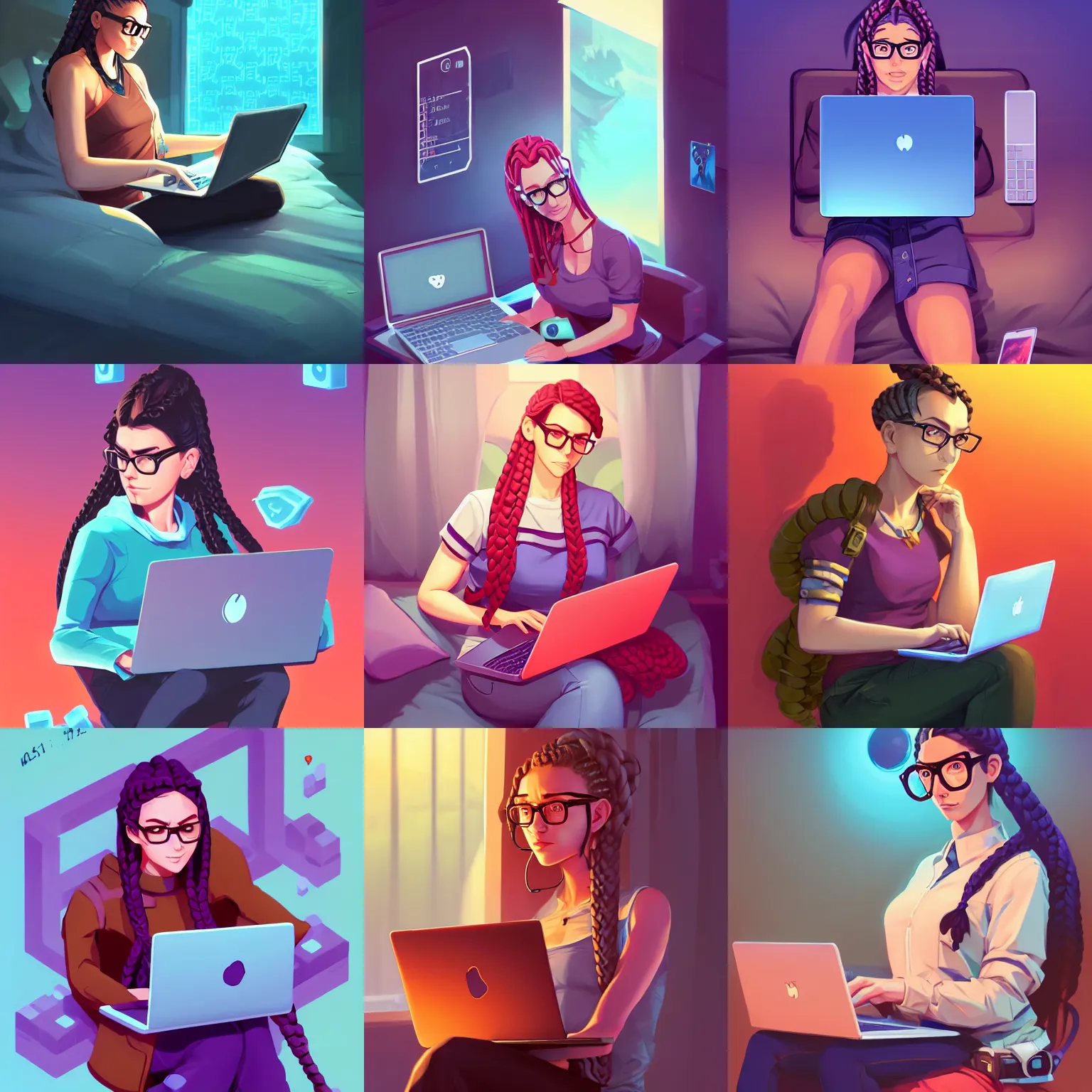 Prompt: modern female hacker with thick braids and glasses with her laptop lying in bed, fantasy art heartstone Video game icon, 2d game art gta cover , official fanart behance hd artstation by Jesper Ejsing, by RHADS, Makoto Shinkai and Lois van baarle, ilya kuvshinov, rossdraws