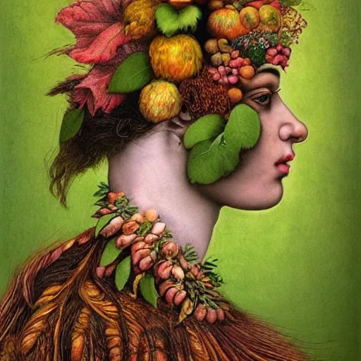 Image similar to a beautiful profile portrait of a beautiful female, leaves, by giuseppe arcimboldo,, psychedelic, surreal, dreamlike, environmental friendly, nature.