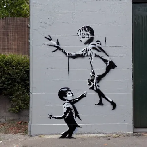 Image similar to a street art of thread connecting brother and sister by banksy