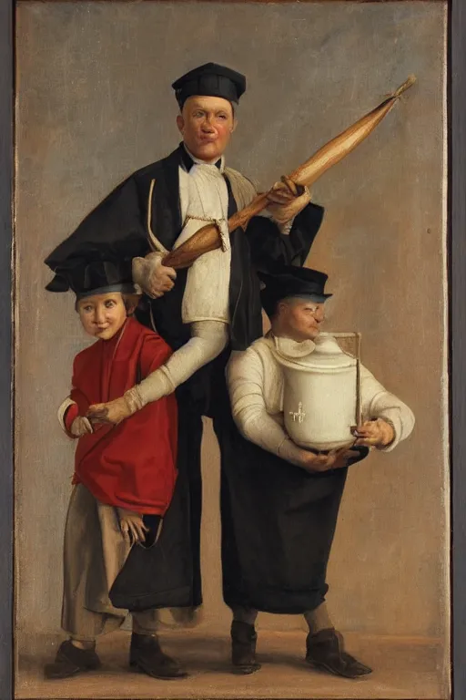 Prompt: a hyperrealistic portrait of two milkmen carrying a milky pharoh sceptre , 8k