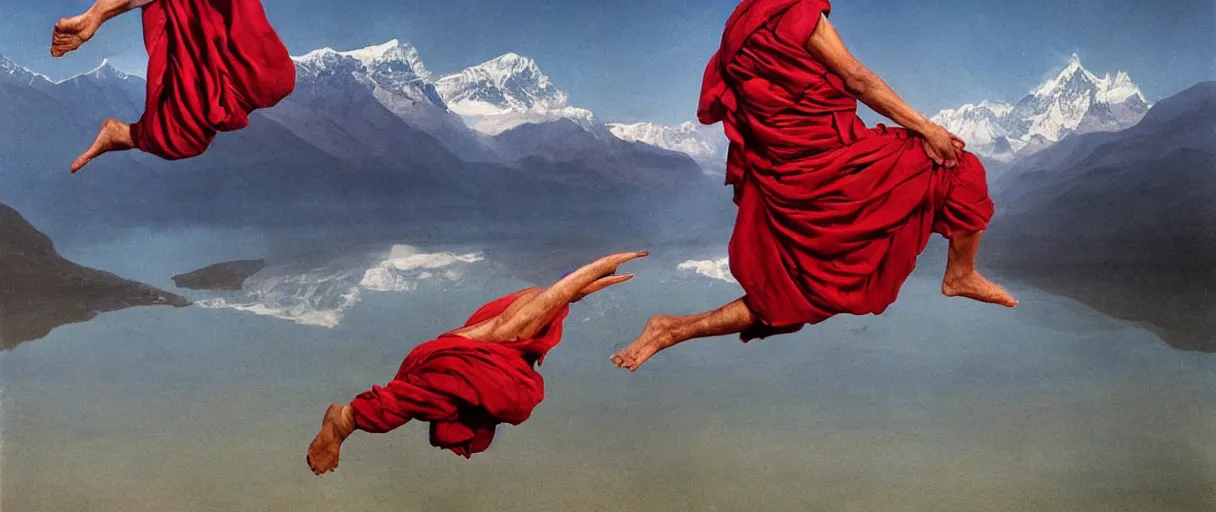 Prompt: tibetan monk in lotus position flying over himalaya mountains lake in weightlessness in liquid traditional red cloth. a lot of flying red fabric around, reflections in lake water, foggy and gloomy, highly detailed, abstract surrealism science fiction paint by salvador dali, jeremy geddes