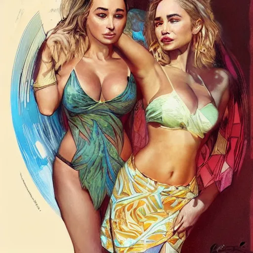 Image similar to lindsey pelas and emilia clarke wearing a batik tube top, digital painting, artstation, concept art, sharp focus, illustration, art by artgerm and greg rutkowski and alphonse mucha