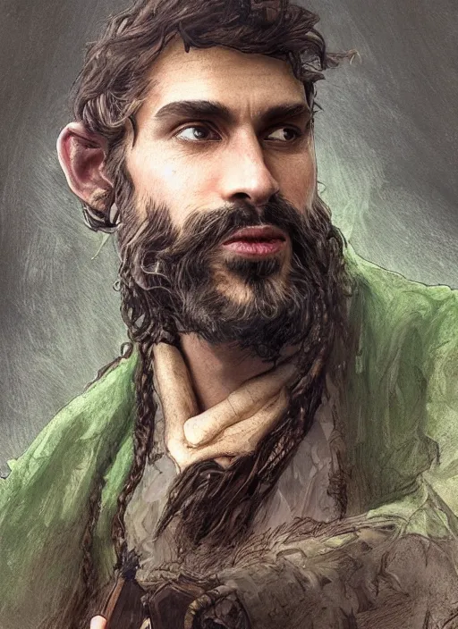 Prompt: medium-length portrait of a male druid with short curly hair and brown eyes, dark brown skin, long beard, happy expression, wears a combination of dark green tunic and boiled leather, medieval setting, highly detailed, digital painting, artstation, concept art, sharp focus, illustration, art by greg rutkowski and alphonse mucha