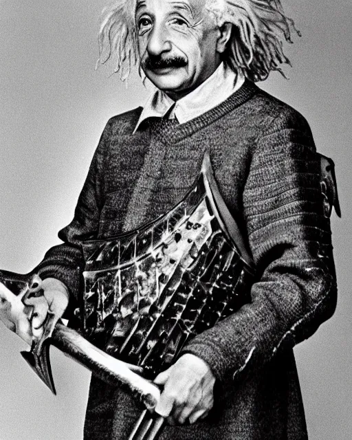 Prompt: albert einstein wearing daedric armor wielding a daedric battleaxe d & d detailed photo photorealistic