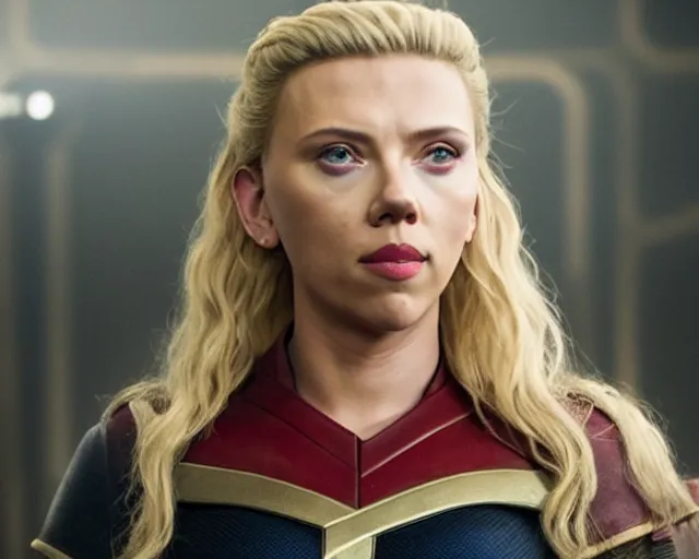 Image similar to scarlett johansson, in starfleet uniform, playing lagertha in a scene from the tv series vikings