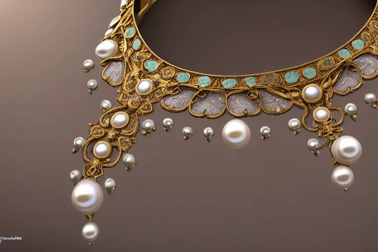 Prompt: historical, art nouveau, ornate, delicate, pearls and magical gemstones choker, around a neck, glowing inside, shiny precious metals, octane render, realistic, dramatic light, 3 d, photograph 4 k,