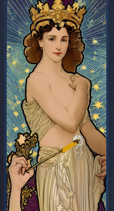Prompt: an art deco scepter and a crown of stars, digital painting by tamara de lempika and an elegant border by alphonse mucha.