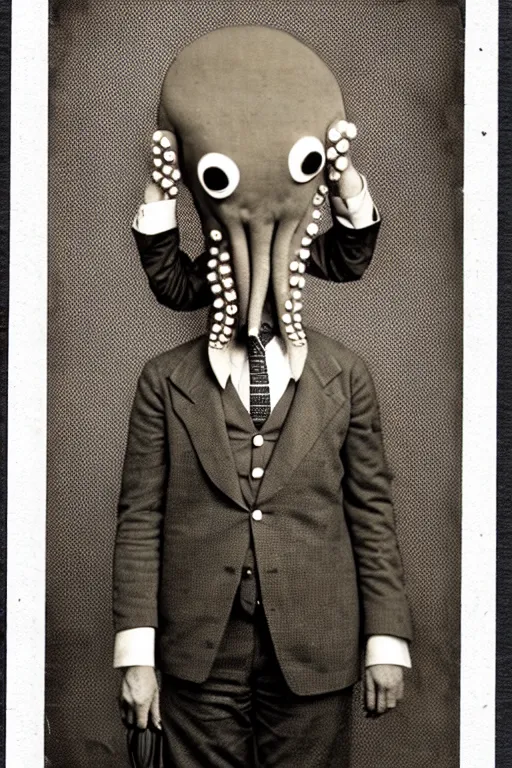 Prompt: anthropomorphic octopus , wearing a suit, tentacles spilling out of the collar, vintage photograph, sepia