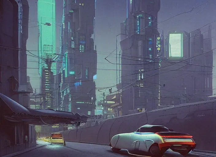 Image similar to a car driving down a street next to tall robot the night, cyberpunk art by Chesley Bonestell, cgsociety, retrofuturism, matte painting, reimagined by industrial light and magic