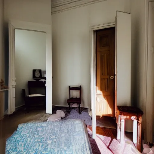 Prompt: Beautiful cameraphone, soft liminal Photograph inside an estate-flat's room