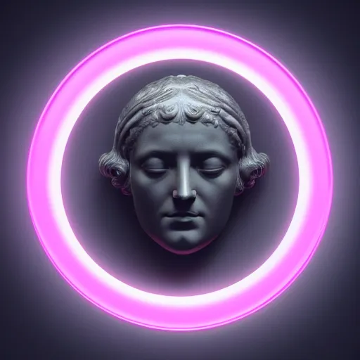 Image similar to a neon circle surrounding the head of a renaissance statue, 3 d render, black background, ray tracing, 8 k resolution, sharp focus, very detailed, hyper realistic