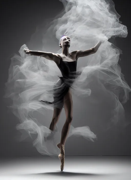 Image similar to a Photorealistic dramatic hyperrealistic render of a glamorous beautiful Female smoke dancer with perfect human form by Ken Brower and Deborah Ory of NYC Dance project,Lois Greenfield,Flowing cloth and smoke,Beautiful dynamic dramatic dark moody lighting,volumetric,shadows,cinematic atmosphere,Octane render,8K