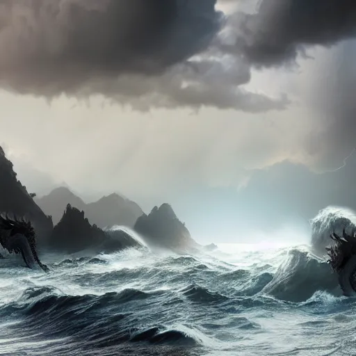 Image similar to a dragon with three heads emerging from the ocean during a storm, dramatic lighting, cinematic, high coherence, hyperrealistic, anatomically correct, path traced, highly detailed, high quality, 8 k hdr, octane render, unreal engine 5, trending on artstation, epic image, turbulent sea, concept art, digital art