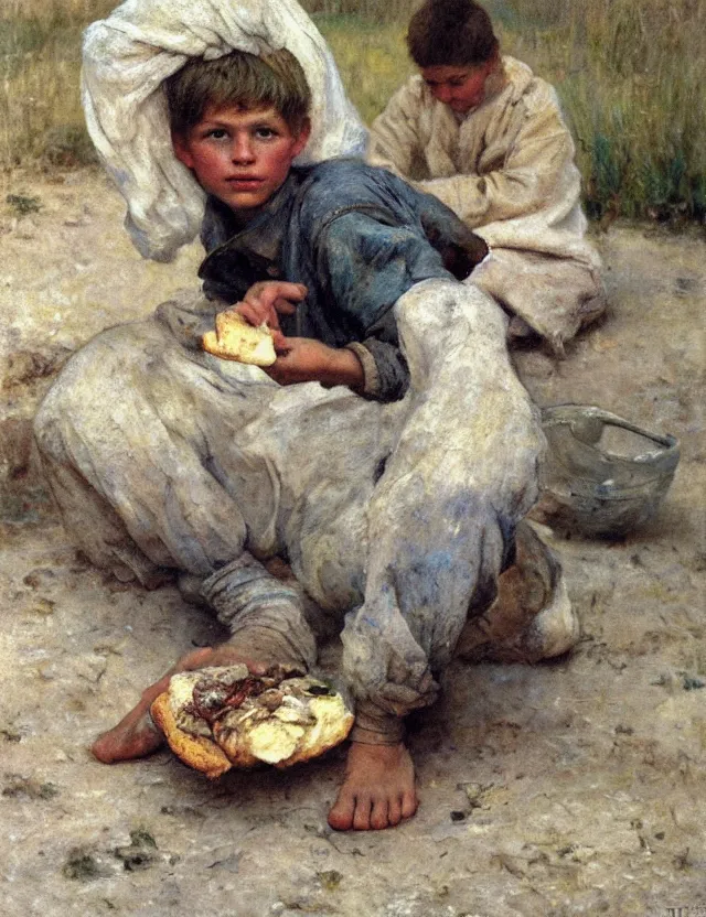 Image similar to portrait of peasant boy biting a bread, cottage core, cinematic focus, polaroid photo bleached vintage pastel colors high - key lighting, soft lights, foggy, by steve hanks, by lisa yuskavage, by serov valentin, by tarkovsky, detailed, oil on canvas