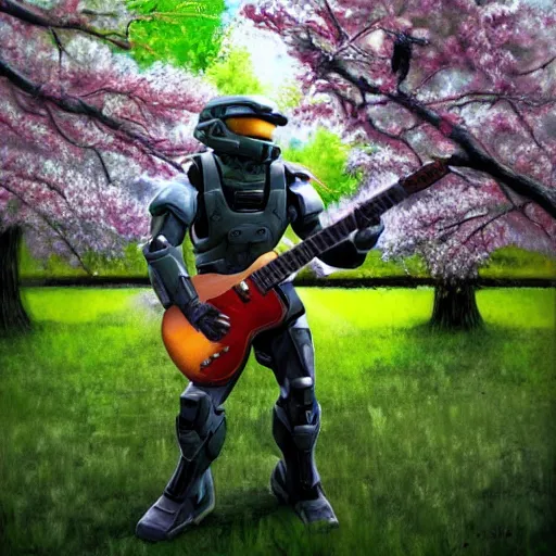 Image similar to master chief from halo playing a guitar solo underneath a cherry tree