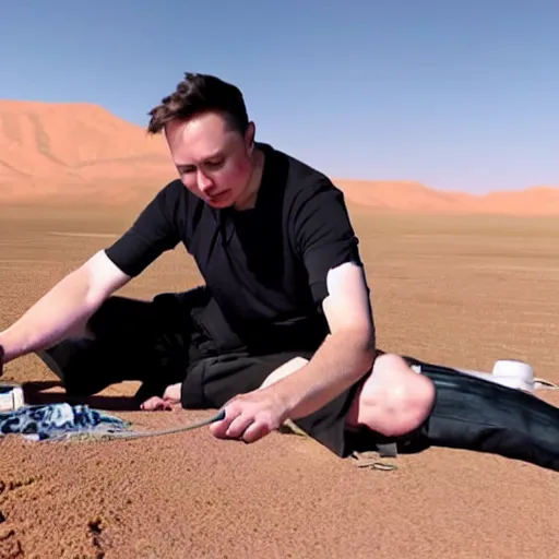 Image similar to elon musk clipping his toenails in the desert, fighting a satellite, creepy, 50mm