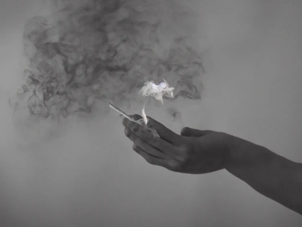 Image similar to Close-up view of hyperrealistic thin soft hand holding cigarette with smoke, hyper realistic photo, 4K