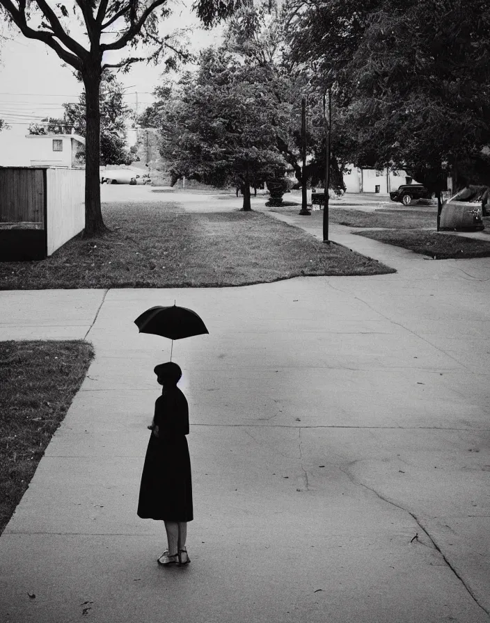 Image similar to “ photography in the style of gregory crewdson, quiet american neighborhood, a woman waiting with a black umbrella ”