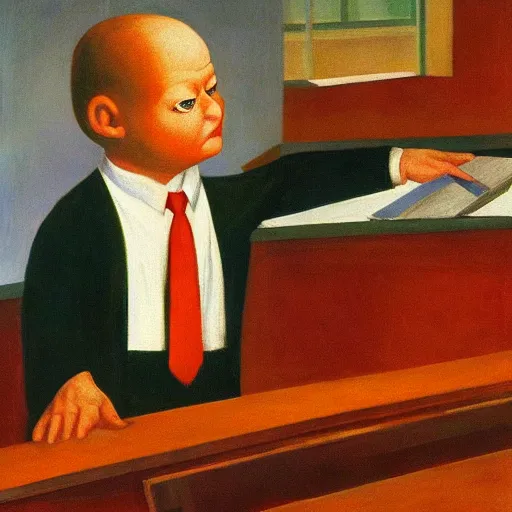 Prompt: giant baby professor giving a college lecture, lecture hall, dystopian, pj crook, edward hopper, oil on canvas