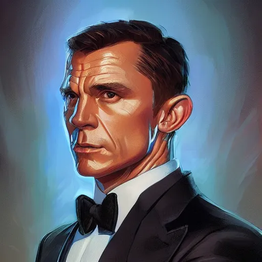 Image similar to lindsay pelas as james bond wearing a tuxedo, portrait, highly detailed, digital painting, artstation, concept art, sharp focus, illustration, art by artgerm and greg rutkowski and alphonse mucha