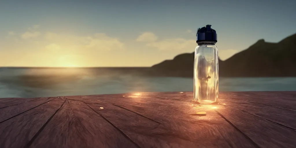 Image similar to a supernova inside a water bottle on a wooden table, hyperrealistic, concept art, octane render, unreal engine 5, trending on artstation, high quality, highly detailed, 8 k hdr, soft lighting, path traced, a beach at sunset in the background, bloom, high coherence, symmetrical, high contrast, digital art, serene landscape, cinematic