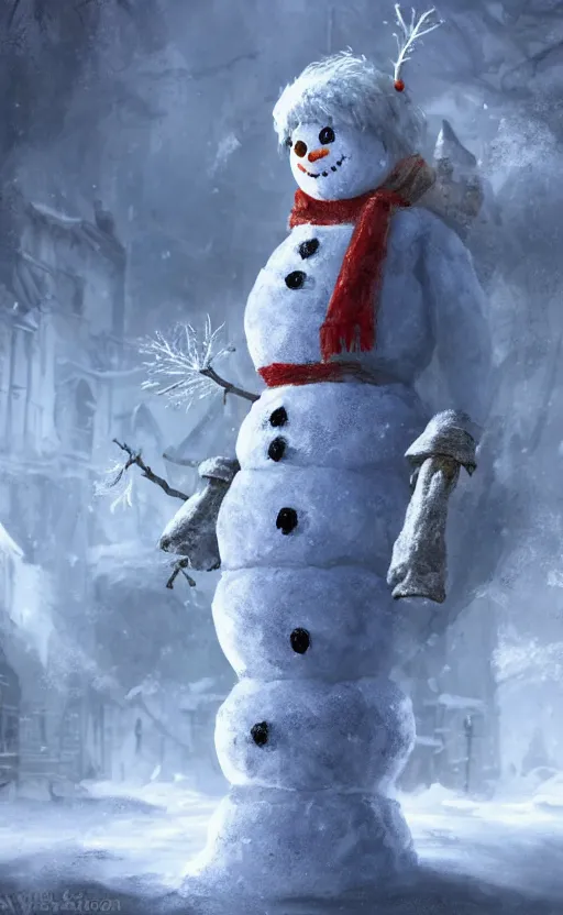 Image similar to a a full body portrait of giant jack frost the snowman in the middle of a village in the snow, dynamic lighting, photorealistic fantasy concept art, trending on art station, stunning visuals, creative, cinematic, ultra detailed