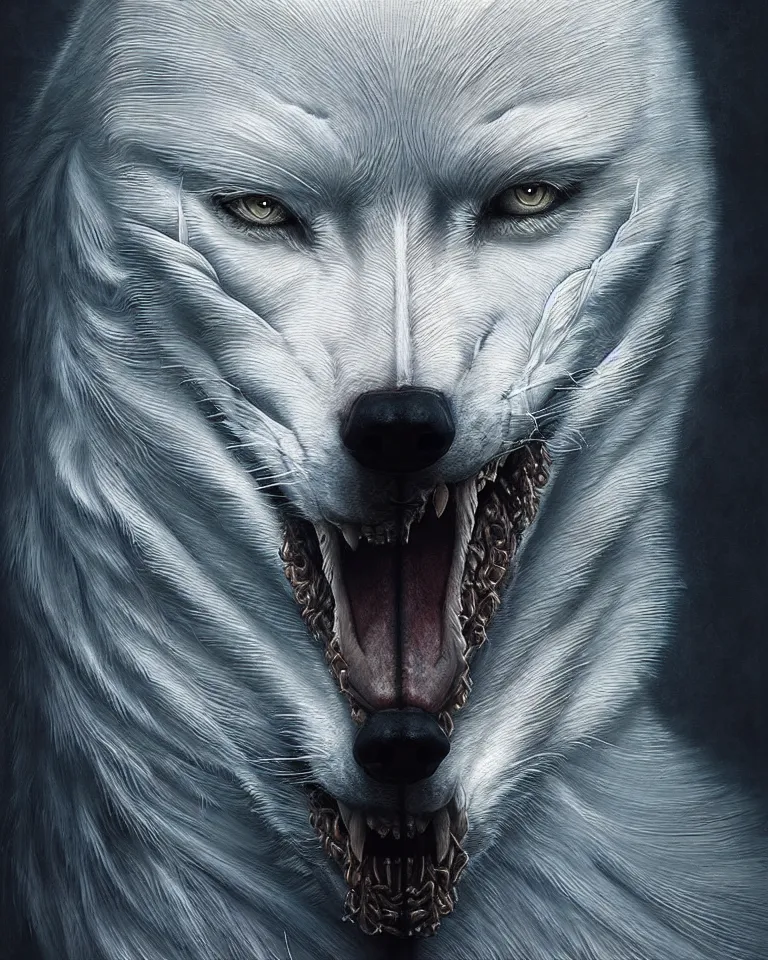 Prompt: ultra realist intricate detailed portrait of an attractive female turning into a white wolf, insanity, accurate features, apocalyptic, very intricate details, 8 k resolution, dim lighting, volumetric lighting, artstyle, zdzisław beksinski and keith thompson, award winning