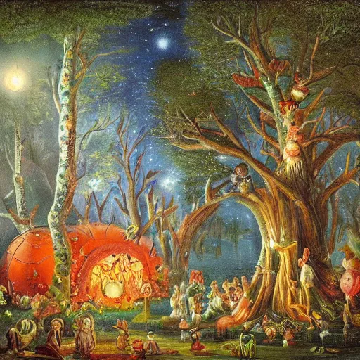 Image similar to a night carnival around a magical tree cavity, with a surreal orange moonlight and fireworks in the background, next to a lake with iridiscent water, christmas lights, folklore animals and people disguised as fantastic creatures sitting on sofas and couch in a magical forest by summer night, masterpiece painted by jean - baptiste perronneau, dark night environment