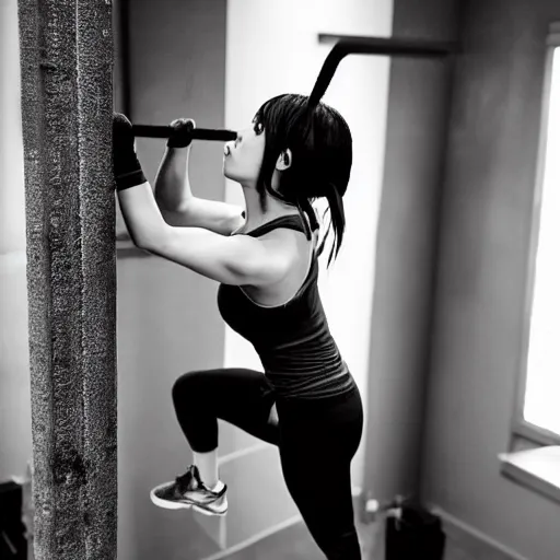 Image similar to mikasa ackerman doing pullups, sweating, sharp eyes