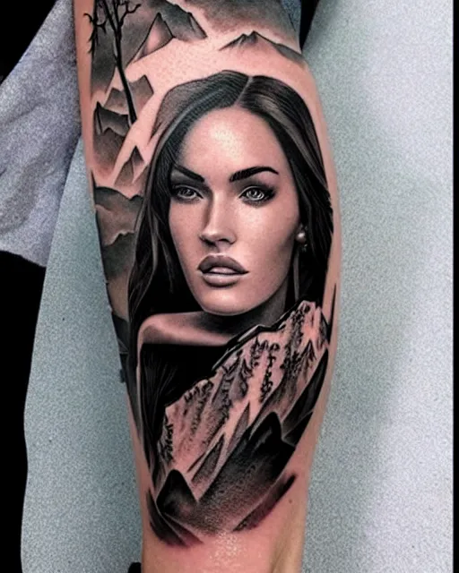 Image similar to creative double exposure effect tattoo design sketch of megan fox with beautiful mountains, realism tattoo, in the style of andrey lukovnikov, amazing detail, sharp