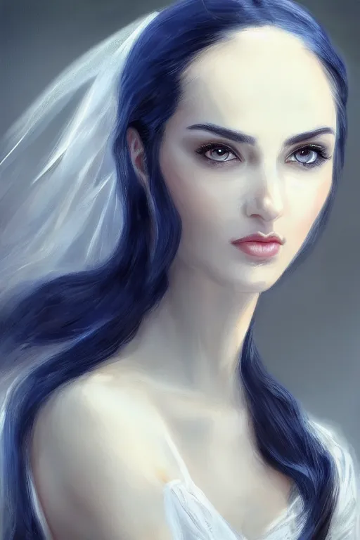 Image similar to Ameera al-Taweel, blue eyes, long wavy black hair, , white veil, closeup, focus face, elegant, highly detailed, centered, digital painting, artstation, concept art, art by artgerm