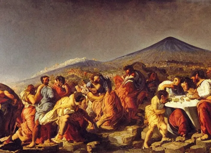 Image similar to detailed painting of average greeks drink wine and have fun against the backdrop of mount vesuvius starting to erupt by brullov, based on the brulliv painting the last day of pompeii