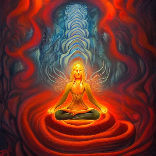 Prompt: a demon meditating near a zen garden with a lava waterfall in hell and opening a portal to heaven by amanda sage and anton semenov and Anato Finnstark, oil on canvas 8k, dramatic lighting