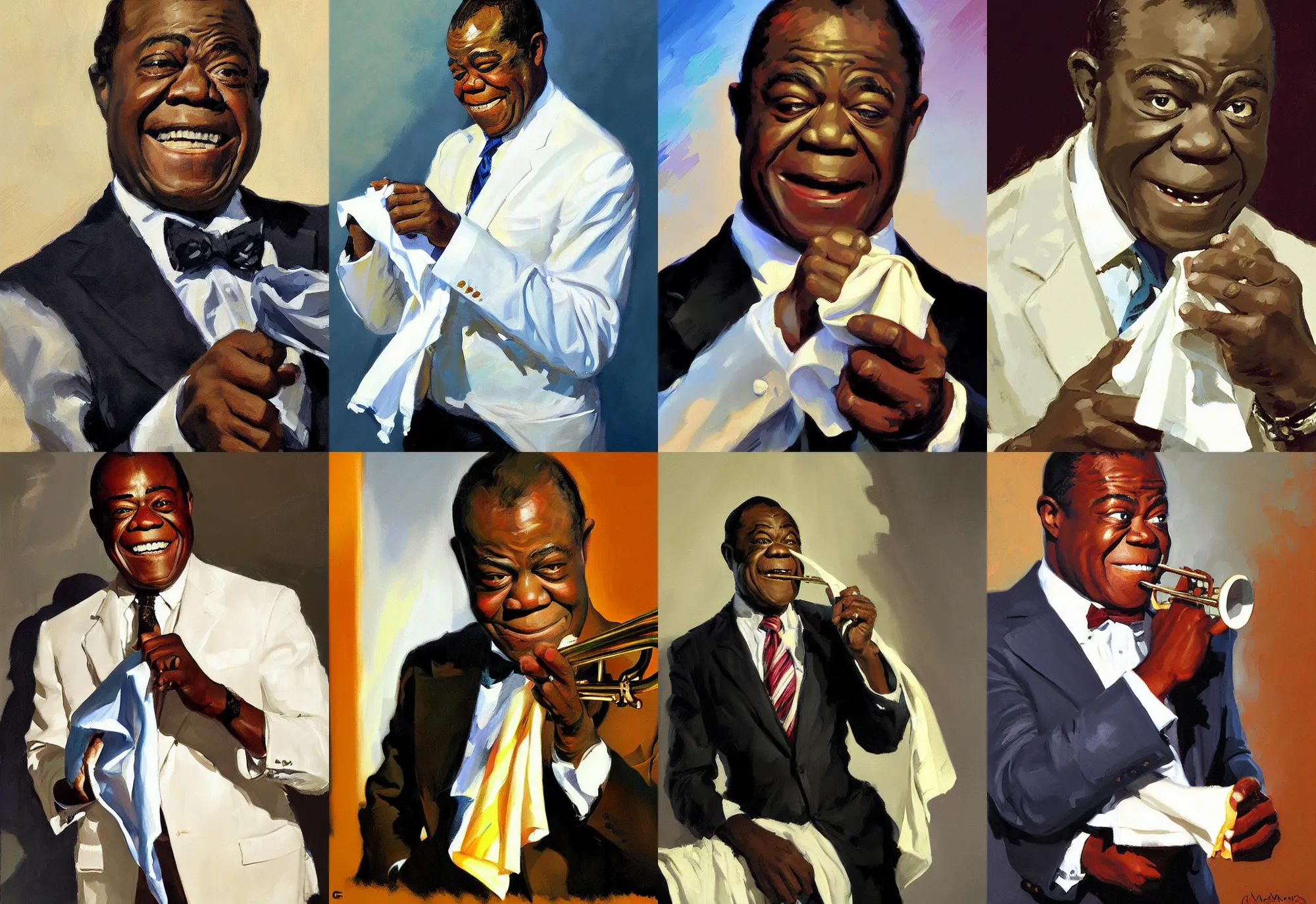 Image similar to a portrait of louis armstrong holding a white handkerchief, by greg manchess, dramatic lighting, highly detailed digital painting