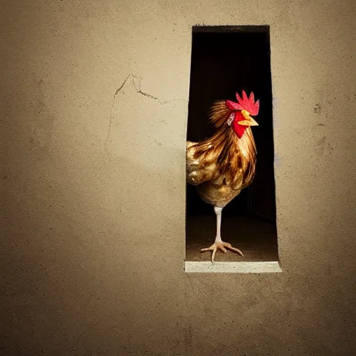 Image similar to man dressed as a chicken hiding behind a corner, trending artstation, award winning photo