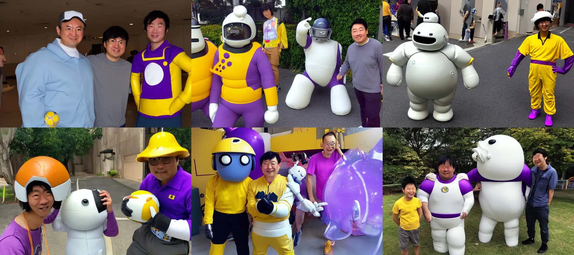 Prompt: Daisuke Tsutsumi, Robert Kondo, baymax wearing commander keen costume, yellow football helmet and purple shirt