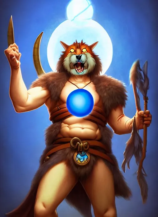 Image similar to lunatic fantasy barbarian with a canine face holding a glowing blue orb natural lighting, path traced, highly detailed, high quality, digital painting, by don bluth and ross tran and studio ghibli and alphonse mucha, artgerm