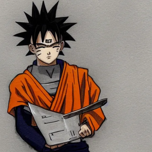 Image similar to young man in naruto costume and with saiyan hair on a trial in a court, courtroom sketch