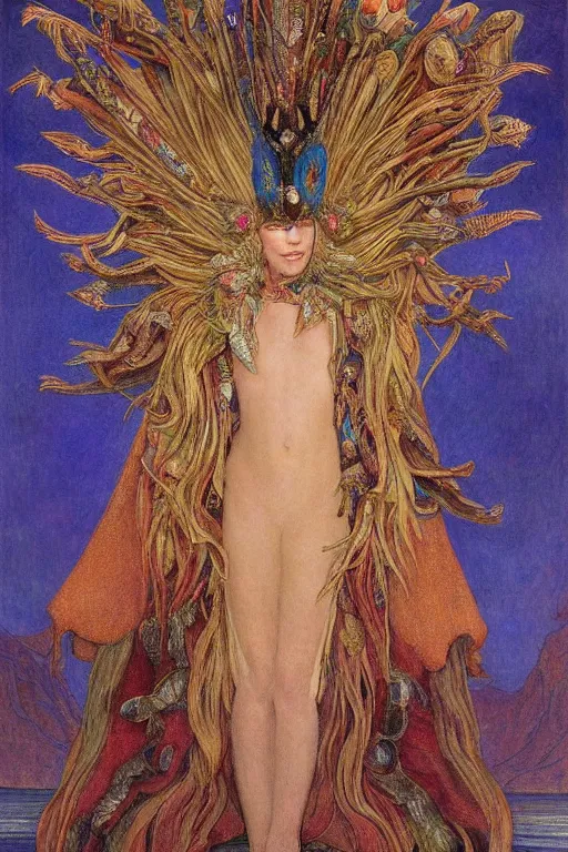 Image similar to cate blanchett , by jean delville and Gaston Bussière and Tino Rodriguez and Diego Rivera , elaborate headdress and embroidered velvet, iridescent beetles, rich color, dramatic cinematic lighting, extremely detailed