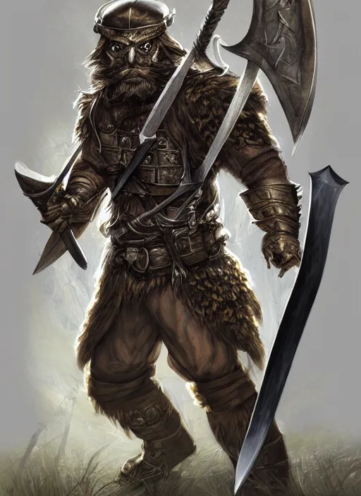 Image similar to strong young man, photorealistic bugbear ranger holding aflaming sword, black beard, dungeons and dragons, pathfinder, roleplaying game art, hunters gear, jeweled ornate leather and steel armour, concept art, character design on white background, by alan lee, norman rockwell, makoto shinkai, kim jung giu, poster art, game art