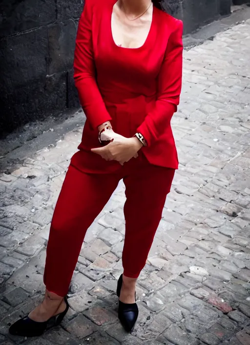 Prompt: close up portrait of beautiful Italian woman, wearing a red outfit, well-groomed model, candid street portrait award winning