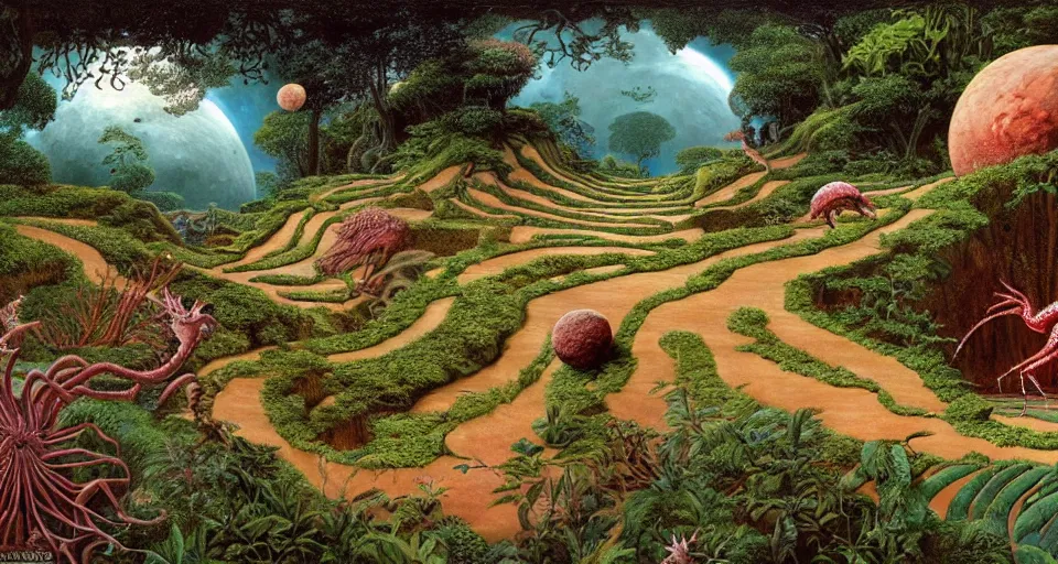 Image similar to huge woodlouse, axolotl, bones of dead animals, solovetsky labyrinths, a landscape on the moon with many craters, tea terraces, a beautiful flowering garden, a lot of exotic vegetations, trees, intricate detaild, pale colors, 8 k, in the style of martin johnson heade and roger dean